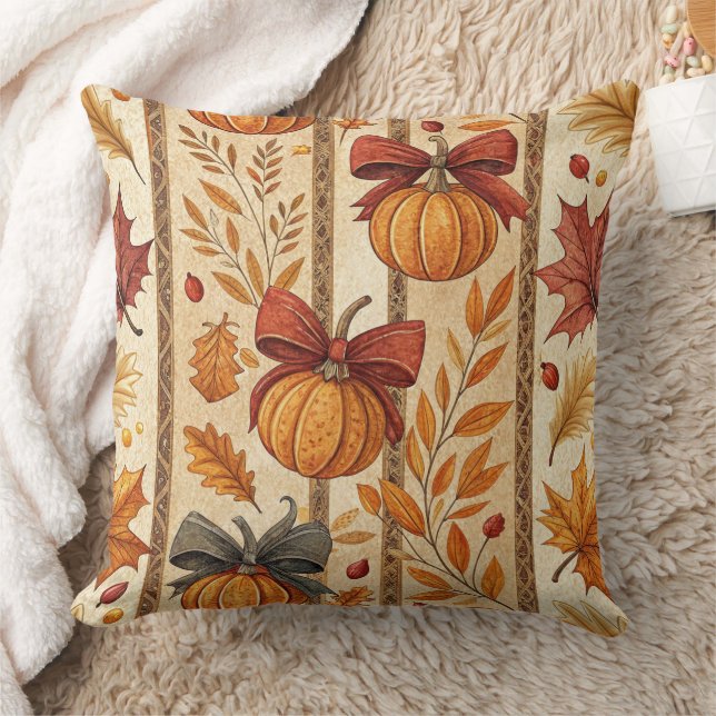 Farmhouse Pumpkin Bow Autumn Pattern Throw Pillow (Blanket)