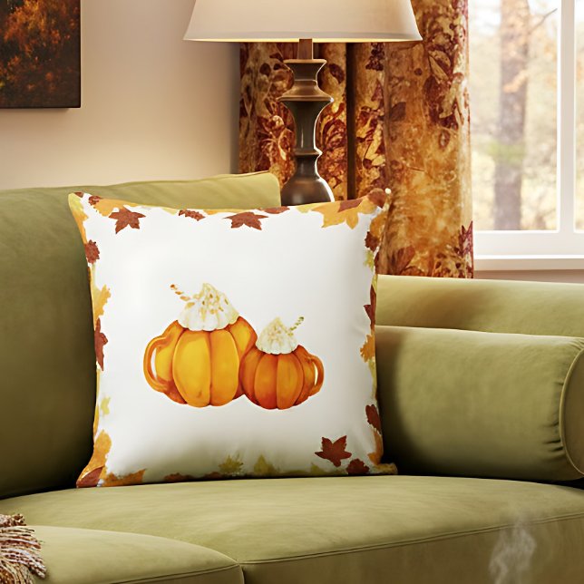Farmhouse Pumpkin Mug Fall Cozy Accent Throw Pillow (Farmhouse pumpkin accent throw pillow. Decorative pumpkin pillow for fall.)