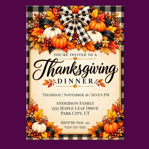 Farmhouse Pumpkins and Plaid Thanksgiving Dinner Invitation