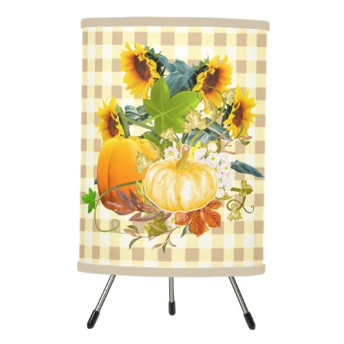 Farmhouse Pumpkins Sunflowers on Gingham  Tripod Lamp