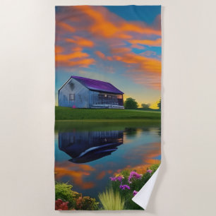 Farmhouse Purple Roof Pond at Sunrise Beach Towel