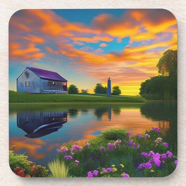 Farmhouse Purple Roof Pond at Sunrise  Beverage Coaster (Front)