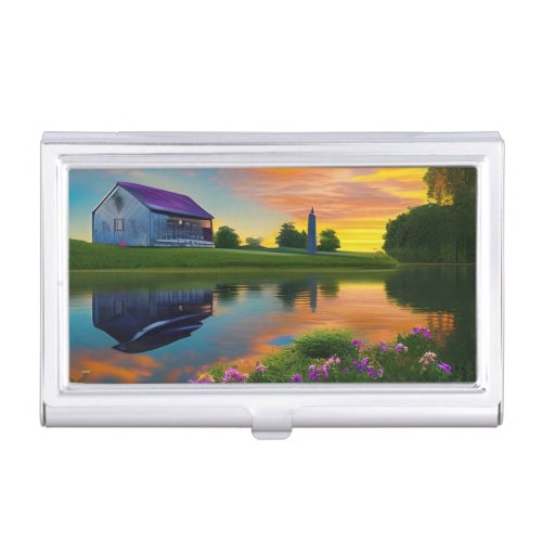 Farmhouse Purple roof Pond at Sunrise  Business Card Case