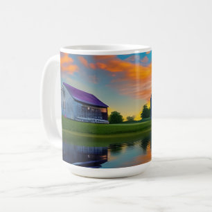 Farmhouse Purple Roof Pond at Sunrise Coffee Mug
