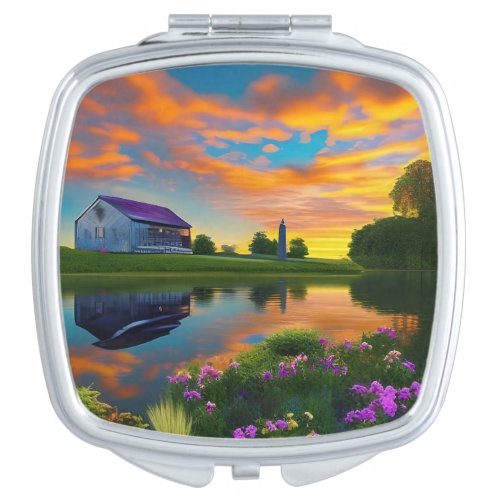 Farmhouse Purple roof Pond at Sunrise   Compact Mirror