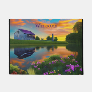 Farmhouse Purple Roof Pond at Sunrise Doormat