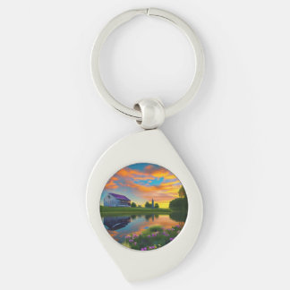 Farmhouse Purple roof Pond at Sunrise Keychain