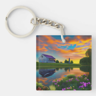 Farmhouse Purple roof Pond at Sunrise Keychain