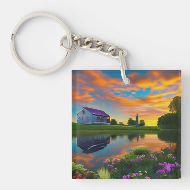 Farmhouse Purple roof Pond at Sunrise  Keychain (Front)