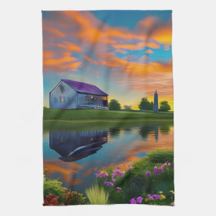 Farmhouse Purple Roof Pond at Sunrise Kitchen Towel