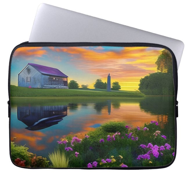 Farmhouse Purple roof Pond at Sunrise   Laptop Sleeve (Front)