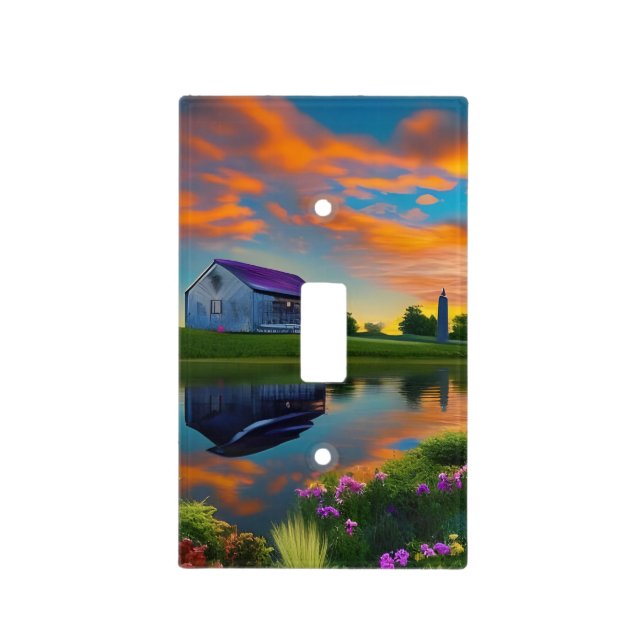 Farmhouse Purple Roof Pond at Sunrise Light Switch Cover (Front)