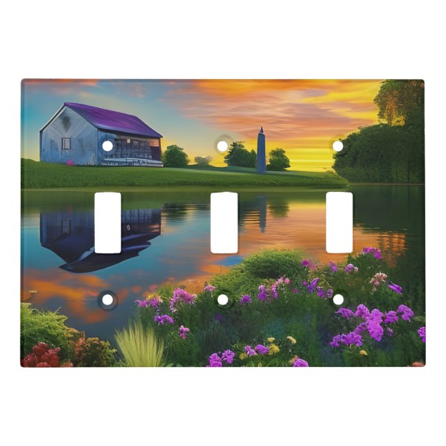 Farmhouse Purple Roof Pond at Sunrise  Light Switch Cover (Front)