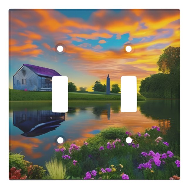 Farmhouse Purple Roof Pond at Sunrise  Light Switch Cover (Front)