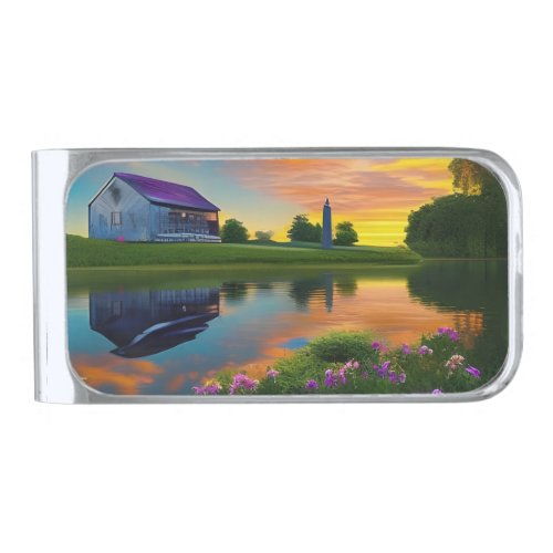 Farmhouse Purple roof Pond at Sunrise  Silver Finish Money Clip