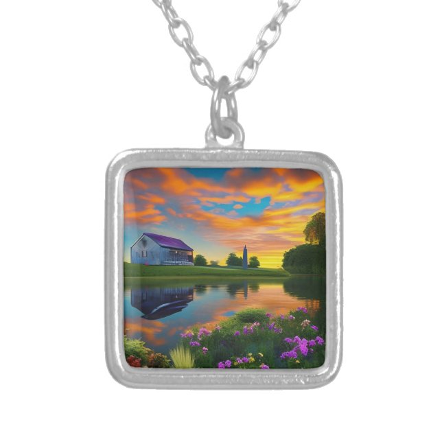 Farmhouse Purple roof Pond at Sunrise   Silver Plated Necklace (Front)