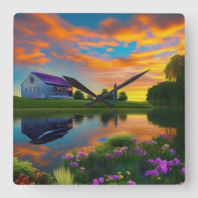 Farmhouse Purple Roof Pond at Sunrise  Square Wall Clock (Front)