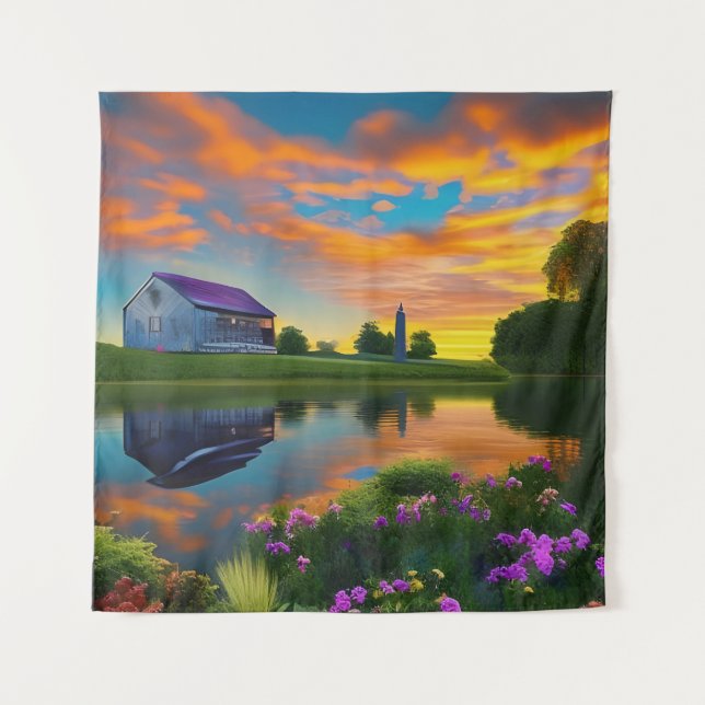 Farmhouse Purple roof Pond at Sunrise  Tapestry (Front)