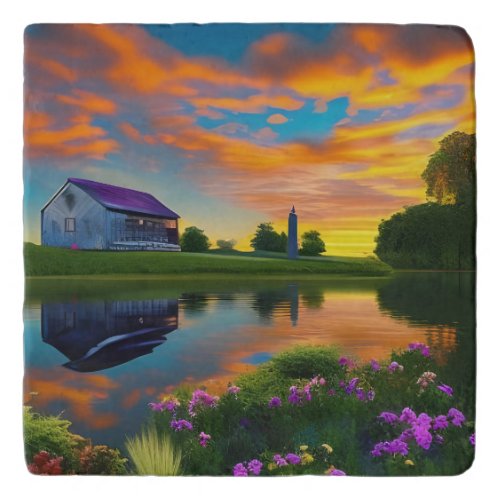 Farmhouse Purple Roof Pond at Sunrise    Trivet