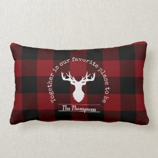 Farmhouse Red and Black Buffalo Plaid Family Name Lumbar Pillow