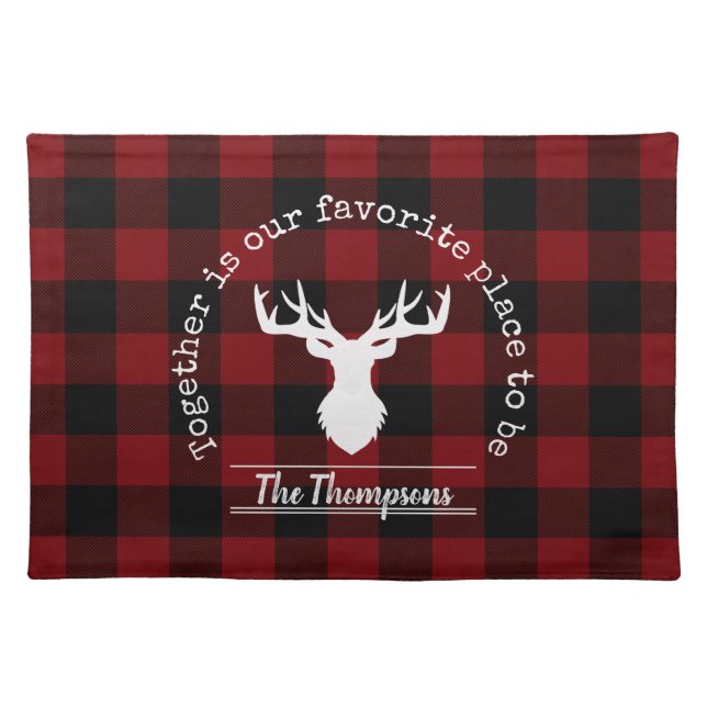 Farmhouse Red and Black Buffalo Plaid Family Party Cloth Placemat (Front)