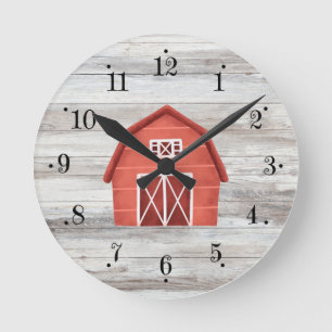 Farmhouse Red Barn With Faux Wood Wall Clock