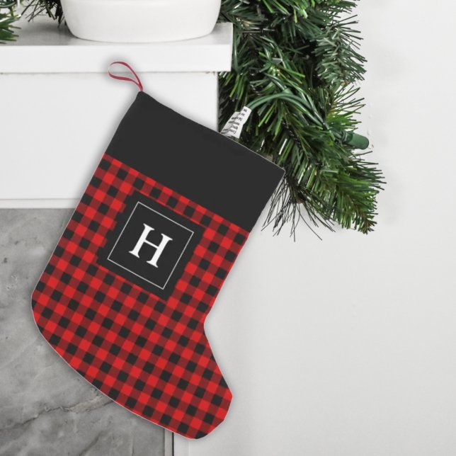 Farmhouse Red Black Buffalo Plaid Monogrammed Small Christmas Stocking (Creator Uploaded)