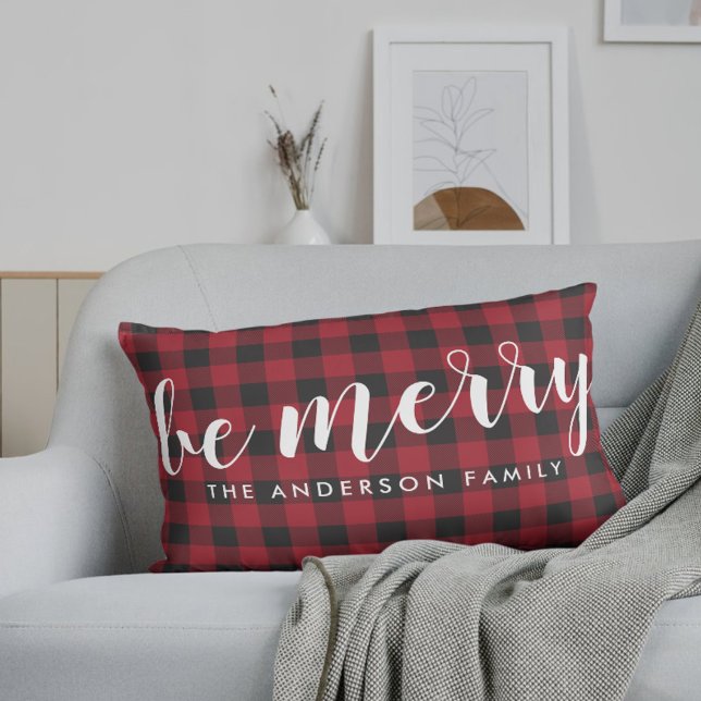 Farmhouse Red Buffalo Check Be Merry Family Name Lumbar Pillow (Creator Uploaded)