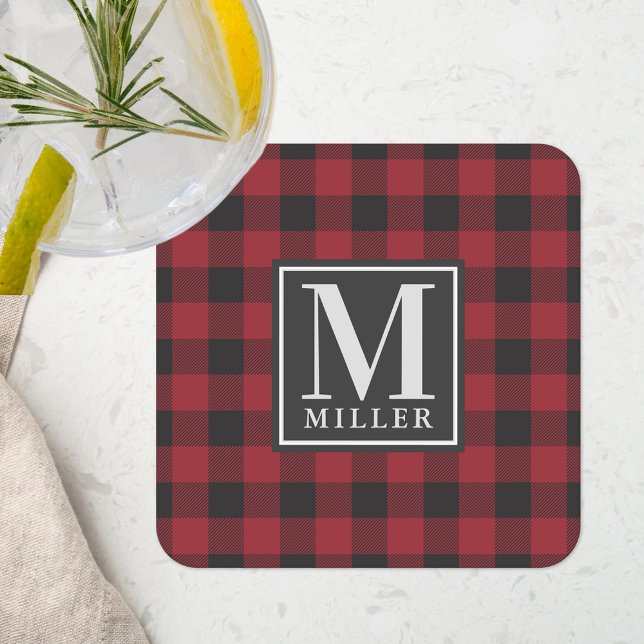 Farmhouse Red Buffalo Check Family Name Monogram Square Paper Coaster (Creator Uploaded)