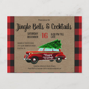 Farmhouse Red Buffalo Plaid Christmas Party Announcement Postcard