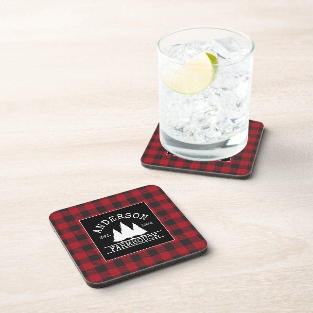 Farmhouse Red Buffalo Plaid Family Name Beverage Coaster (Right Side)