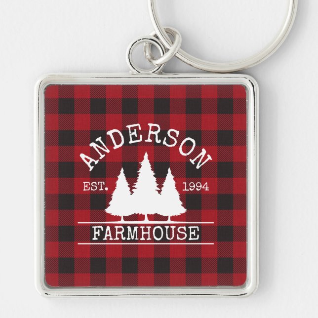 Farmhouse Red Buffalo Plaid Family Name Keychain (Front)