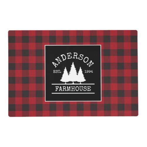 Farmhouse Red Buffalo Plaid Family Name Laminated Placemat