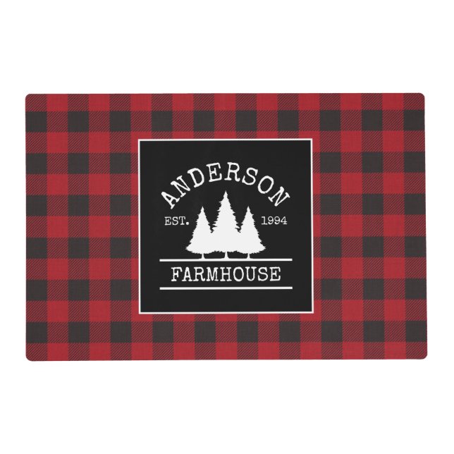 Farmhouse Red Buffalo Plaid Family Name Laminated Placemat (Front)
