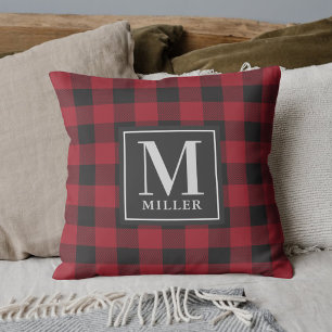 Farmhouse Red Buffalo Plaid Family Name Monogram Throw Pillow