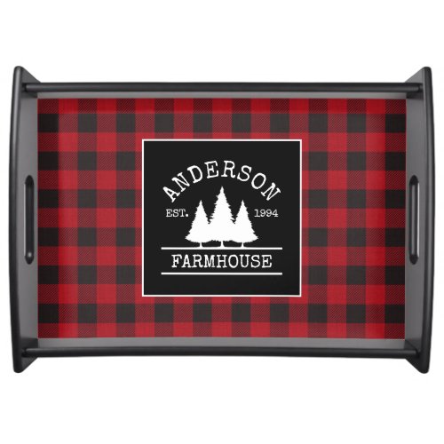 Farmhouse Red Buffalo Plaid Family Name Serving Tray