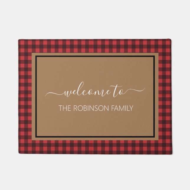 Farmhouse Red Buffalo Plaid Personalized Welcome Doormat (Front)