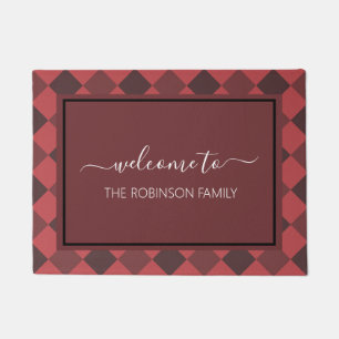 Farmhouse Red Buffalo Plaid Personalized Welcome Doormat
