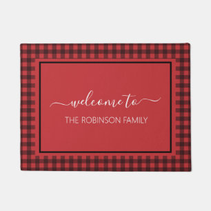 Farmhouse Red Buffalo Plaid Personalized Welcome Doormat