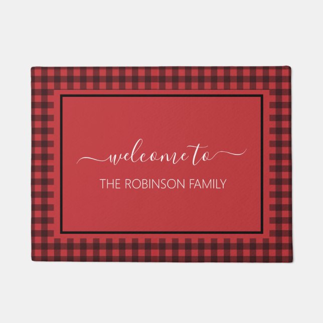 Farmhouse Red Buffalo Plaid Personalized Welcome Doormat (Front)