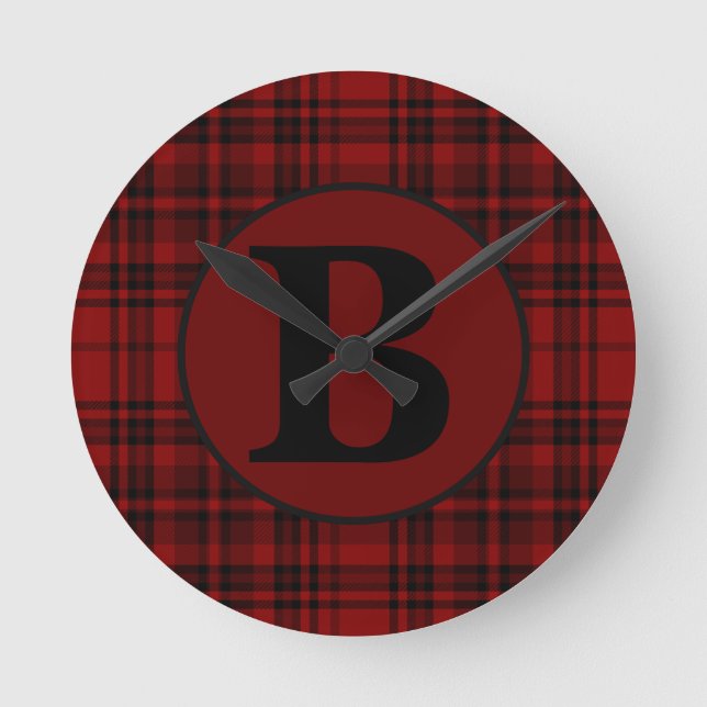 FARMHOUSE RED GINGHAM CHECKERED PLAID  ROUND CLOCK (Front)