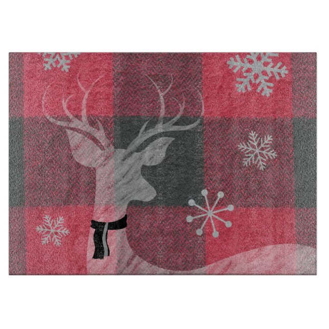 Farmhouse Red & Gray Buffalo Plaid Deer Snowflake Cutting Board (Front)