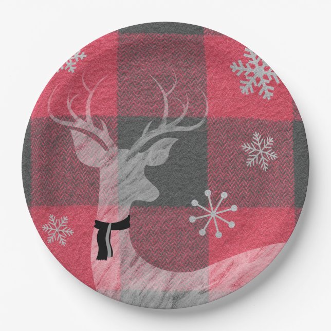 Farmhouse Red & Gray Buffalo Plaid Deer Snowflake Paper Plates (Front)