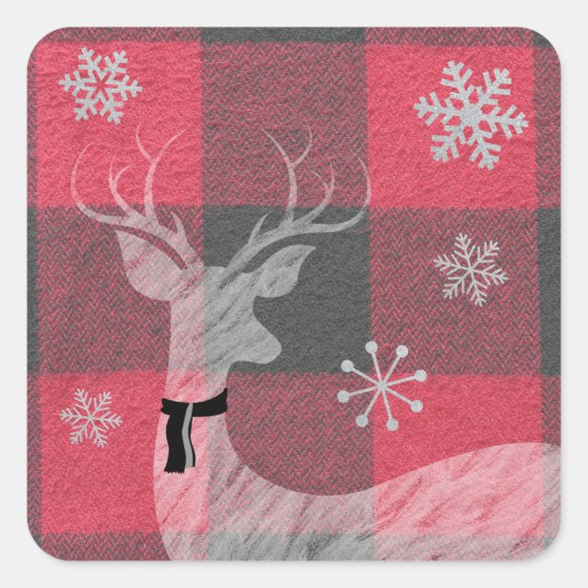 Farmhouse Red & Gray Buffalo Plaid Deer Snowflake Square Sticker (Front)
