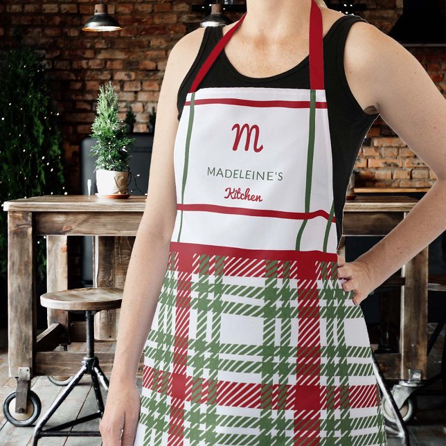 Farmhouse Red Green White Xmas Plaid Monogram Gift Apron (farmhouse personalized apron christmas gift mom grandma hostess red white green tartan plaid cottage)