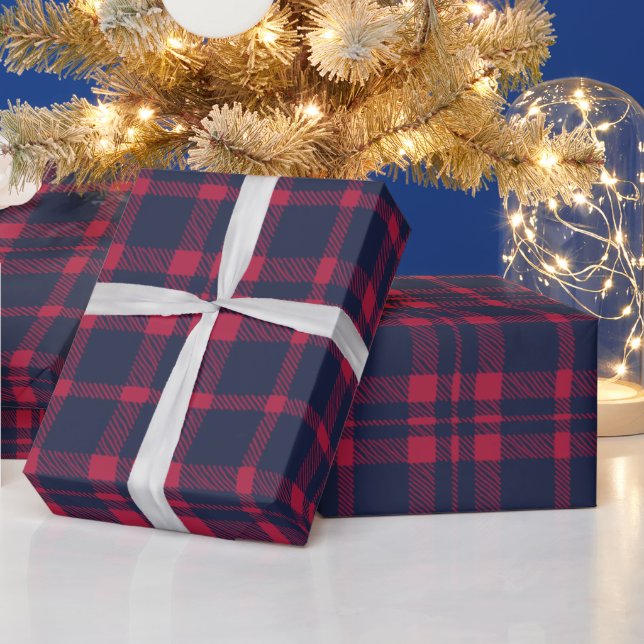 Farmhouse red navy blue hand drawn plaid country wrapping paper (Holidays)