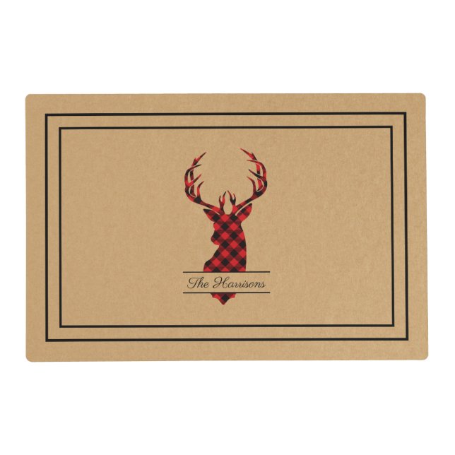 Farmhouse Red Plaid Deer Kraft Paper Personalized Placemat (Front)