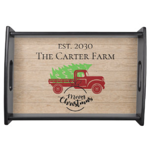 Farmhouse Red Truck Christmas Name Serving Tray