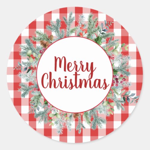 Farmhouse Red White Buffalo Check Merry Christmas Classic Round Sticker