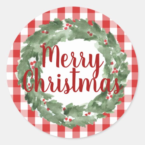 Farmhouse Red White Buffalo Check Merry Christmas Classic Round Sticker